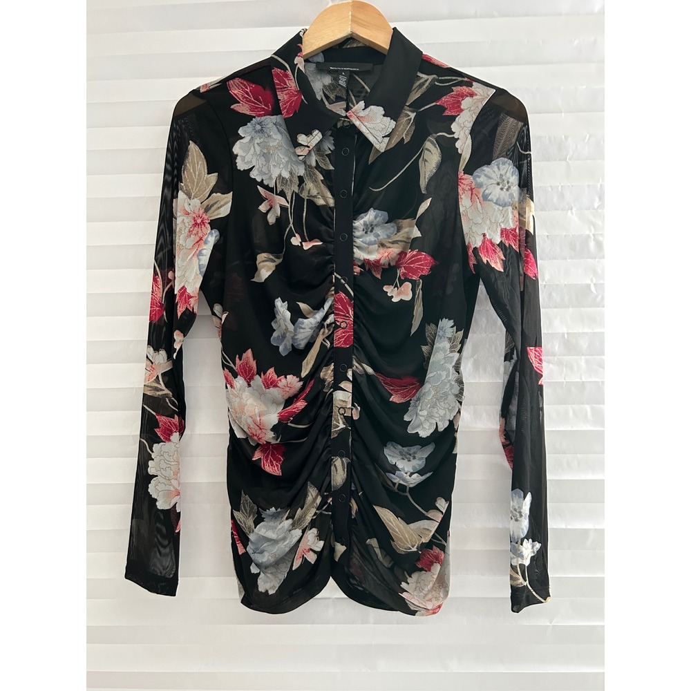 White House Black Market Floral Sheer Mesh Ruched Button Down Top Black Red L